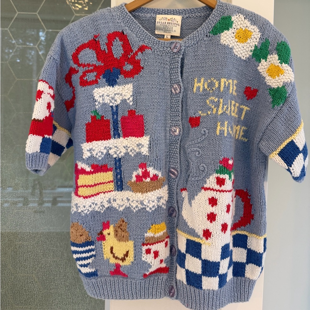 Vintage 1992 Susan Bristol short-sleeve button-up Home Sweet Home Sweater- Large